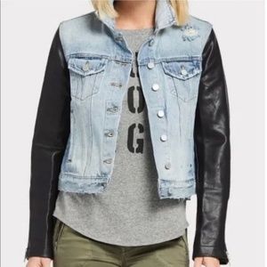 Blank NYC Distressed Denim Moto Jacket w/ Faux Leather Sleeves